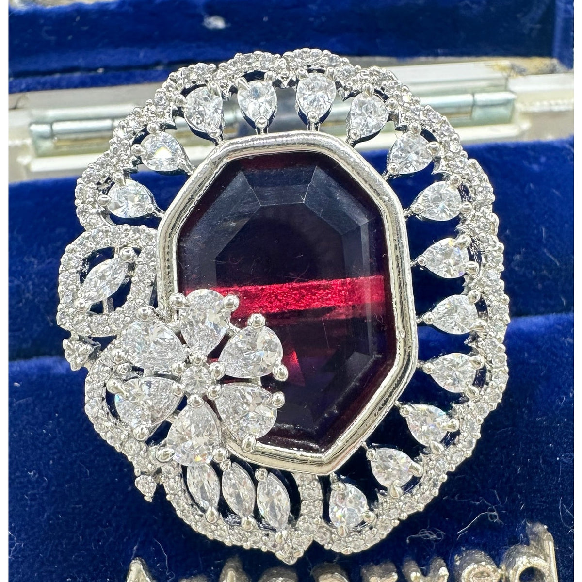 Silver tone red crimson clear cubic zirconia cluster adjustable statement ring