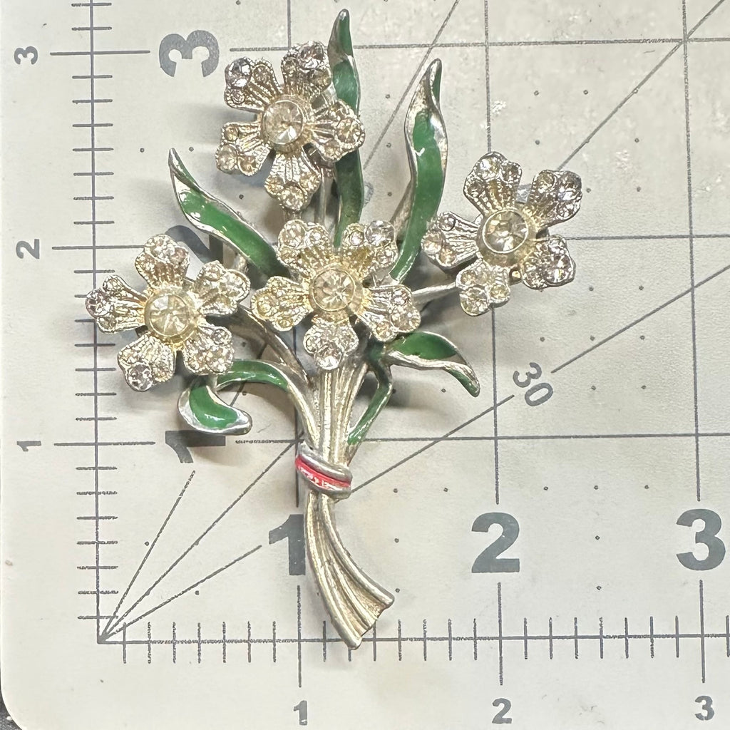Staret vintage 1930s 1940s silver tone enamel clear rhinestones floral brooch