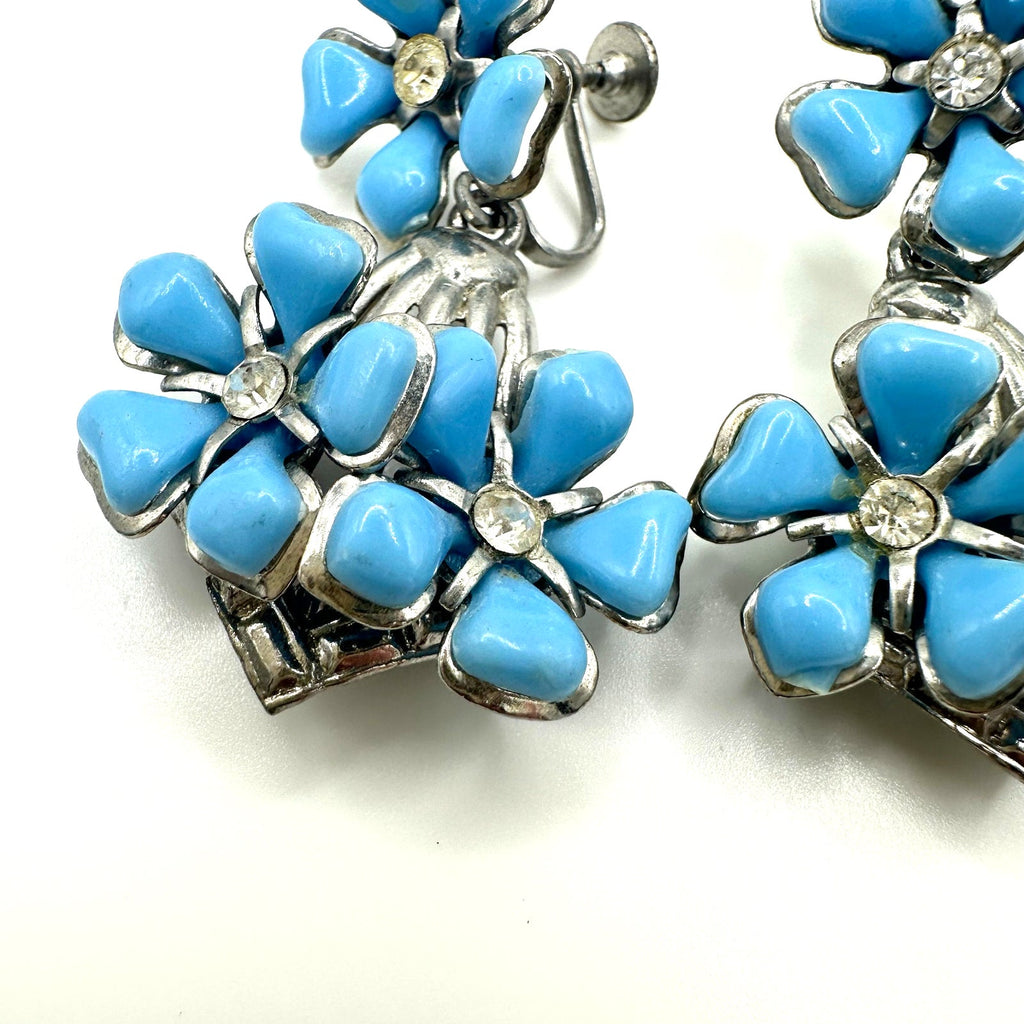 Vintage silver tone blue celluloid flowers rhinestone dangle screw back earrings