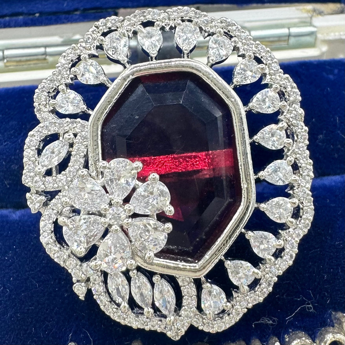 Silver tone red crimson clear cubic zirconia cluster adjustable statement ring