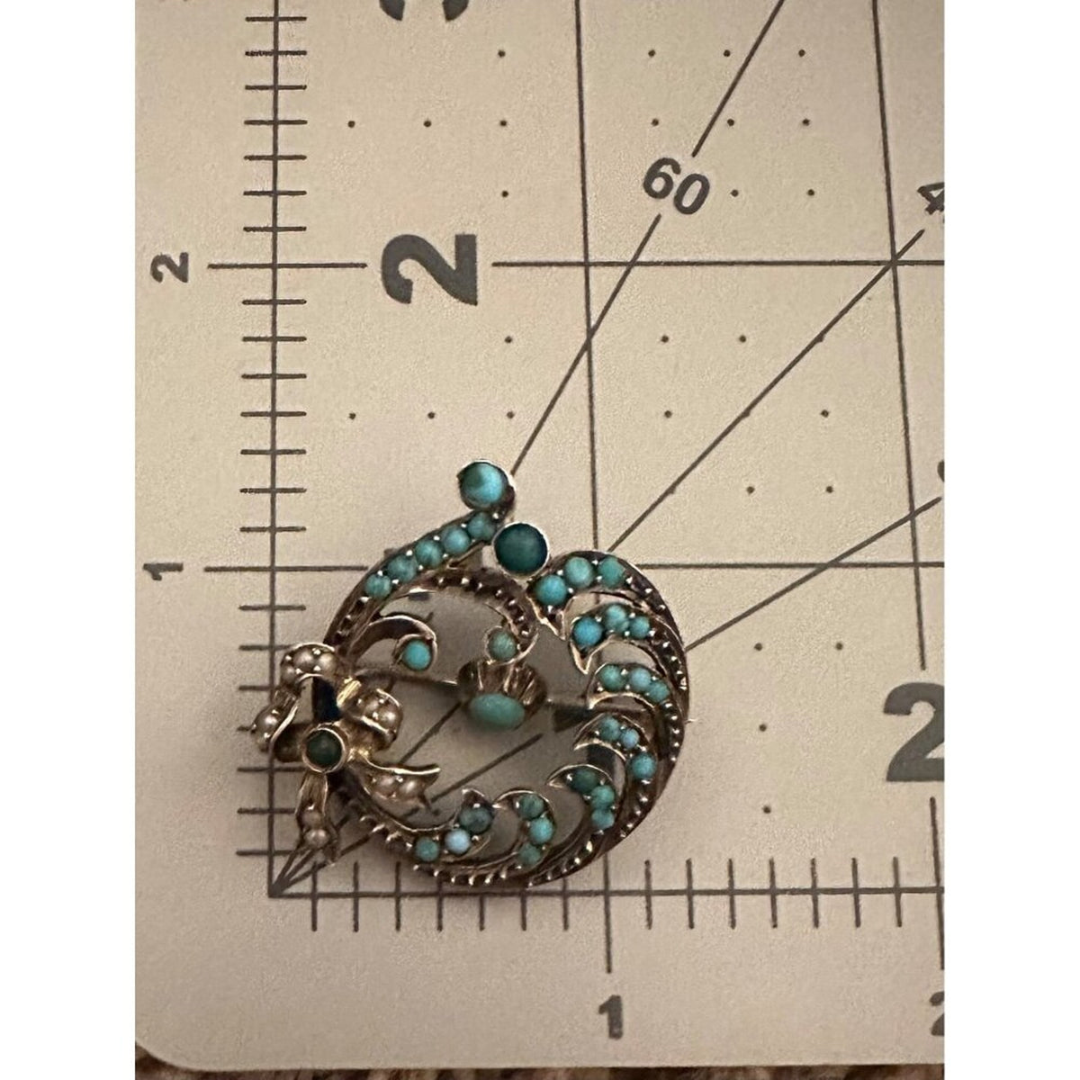 Antique Victorian 9kt gold genuine turquoise cabochons seed pearls bow brooch