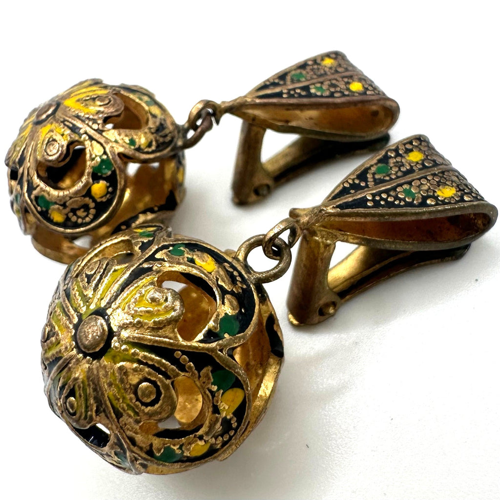 Vintage Spanish Damascene gold tone green black enamel clip on ball earrings