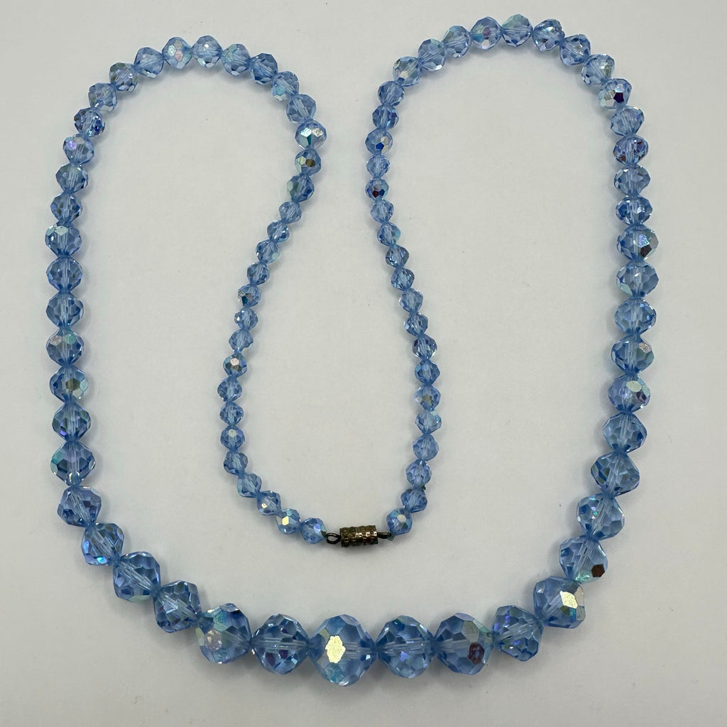 Vintage 1950s light blue AB glass beads beaded 28” graduated necklace
