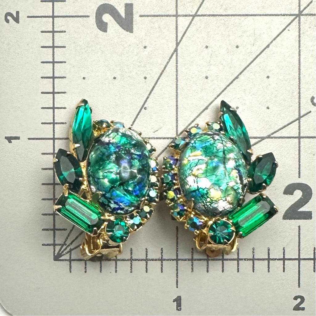 Juliana 1960s vintage gold tone green art glass AB rhinestones clip on earrings