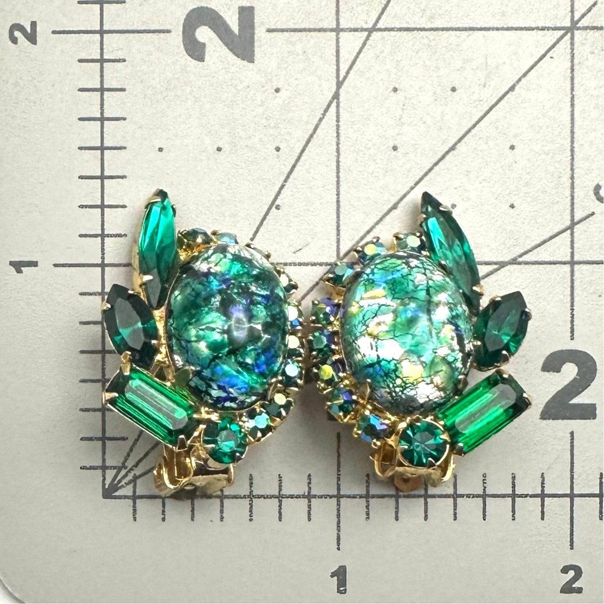 Juliana 1960s vintage gold tone green art glass AB rhinestones clip on earrings