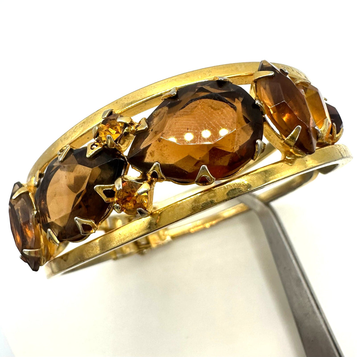Juliana gold tone brown topaz glass rhinestones clamper bangle bracelet