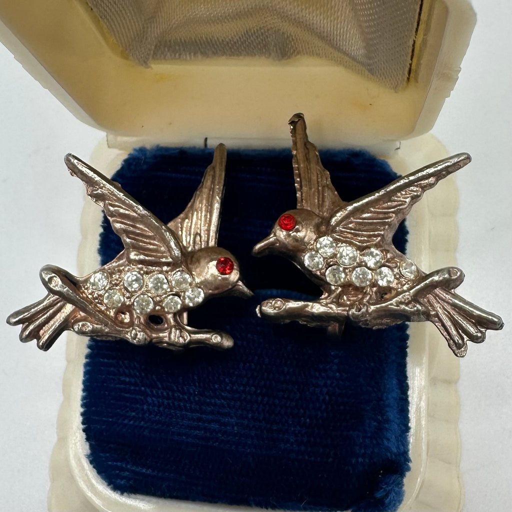 1940s gold plated swallows birds clear red rhinestones screw back earrings