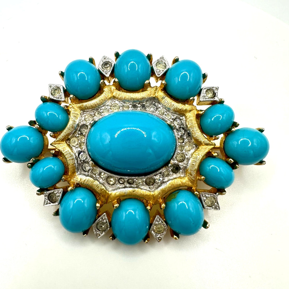 Polcini vintage gold tone clear rhinestones turquoise glass cabochons brooch