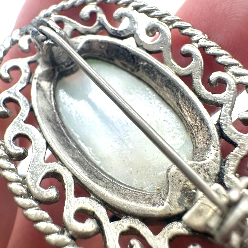 Vintage silver tone Murano pink green blown art glass cabochon oval brooch pin