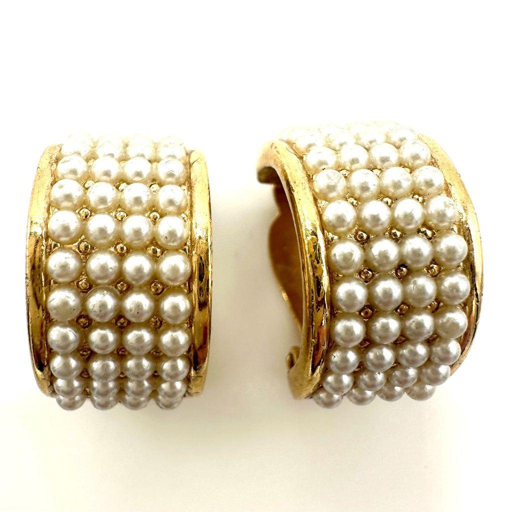 Givenchy vintage 80s 90s gold plated faux pearl half hoop hoops clip on earrings