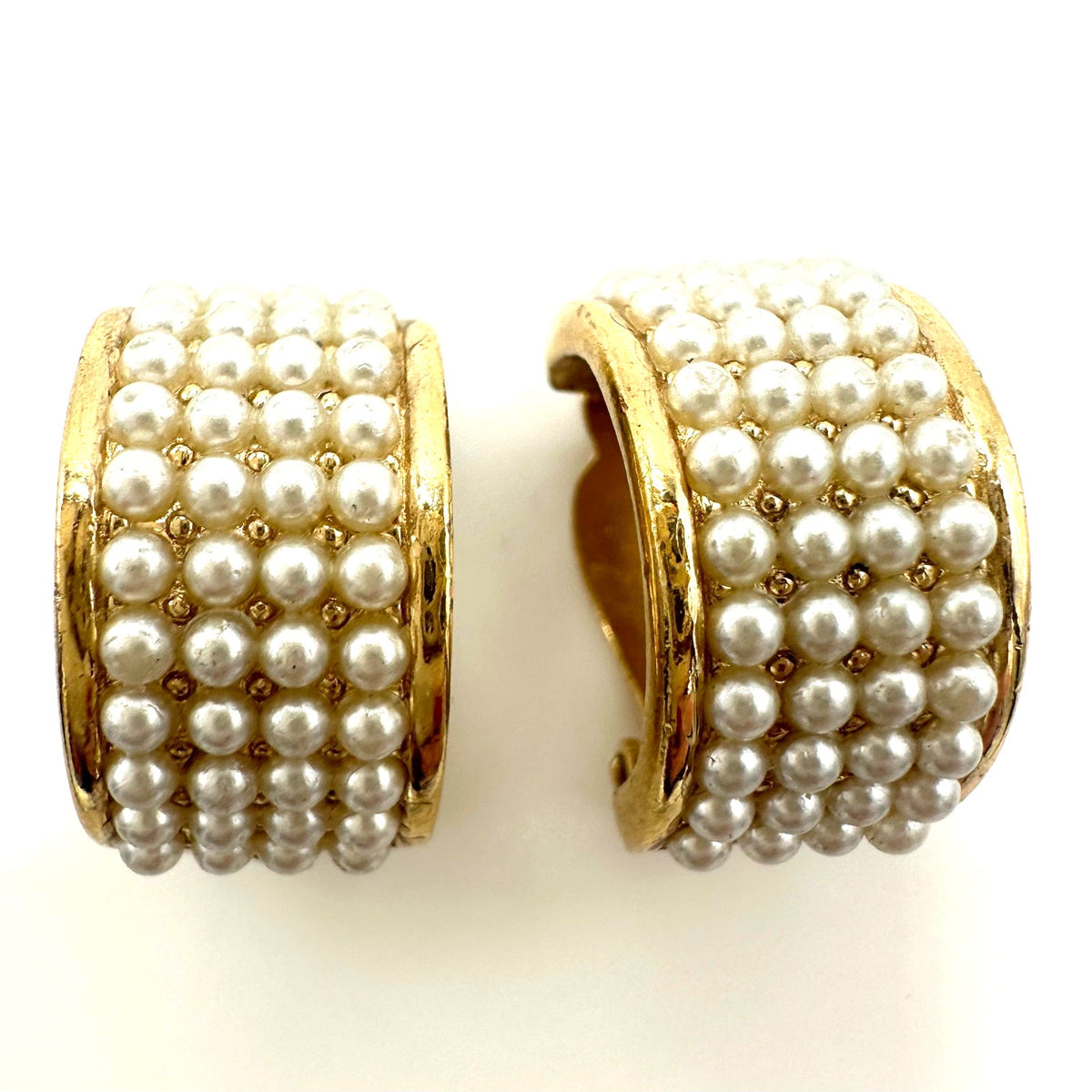 Givenchy vintage 80s 90s gold plated faux pearl half hoop hoops clip on earrings