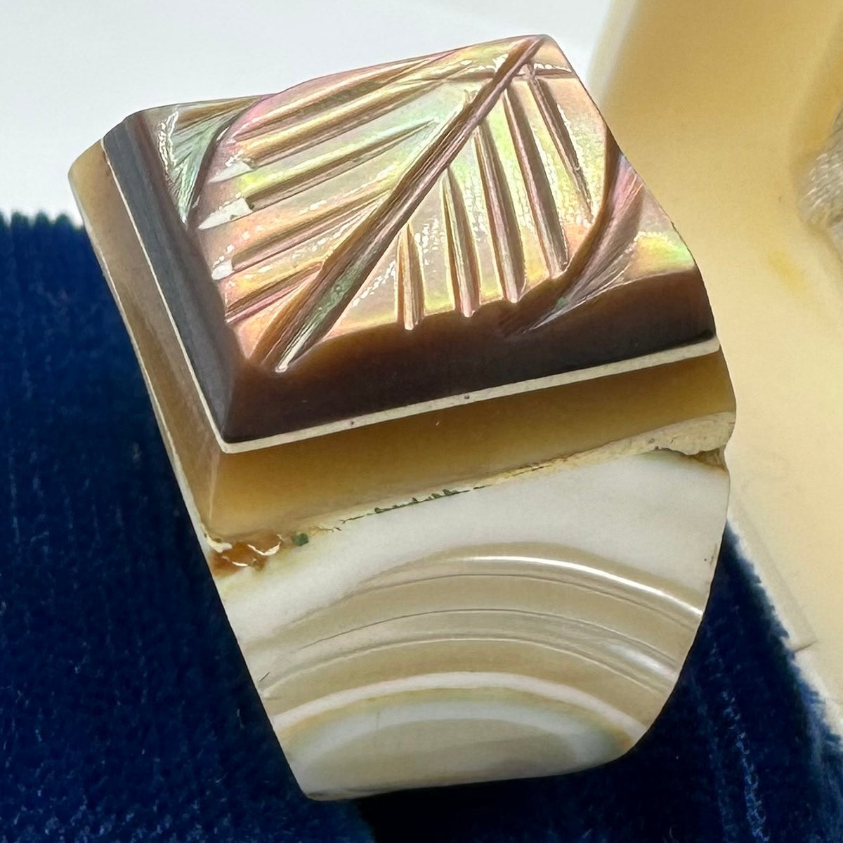 Vintage antique carved genuine abalone mother of pearl statement ring size 6.5