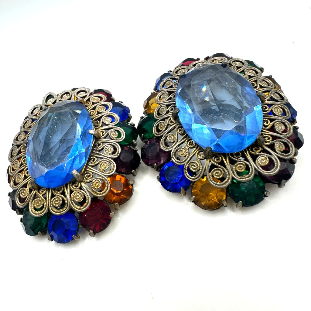 1930s 1940s Art Deco large multicolor Czech glass rhinestones set 2 dress clips