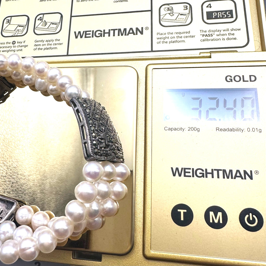 NF Thailand 925 sterling silver marcasite real freshwater pearls bracelet 32.40g