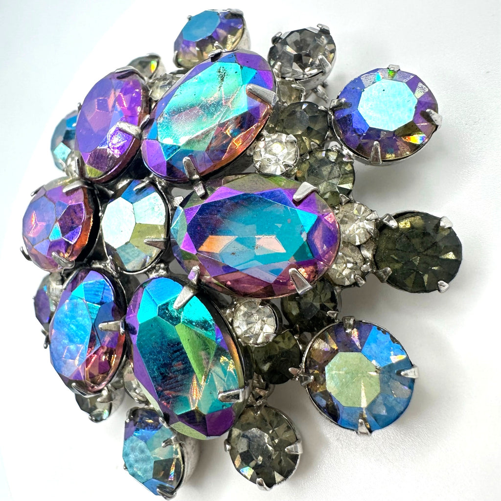 Juliana vintage silver tone aurora borealis AB gray rhinestones headlight brooch