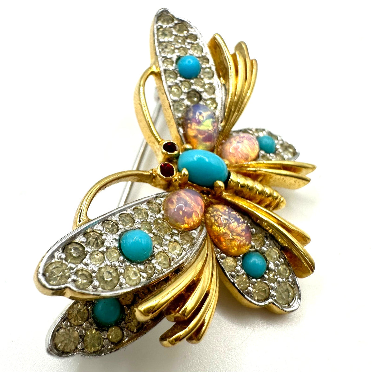 Jomaz vintage gold tone clear rhinestones art glass cabochons butterfly brooch