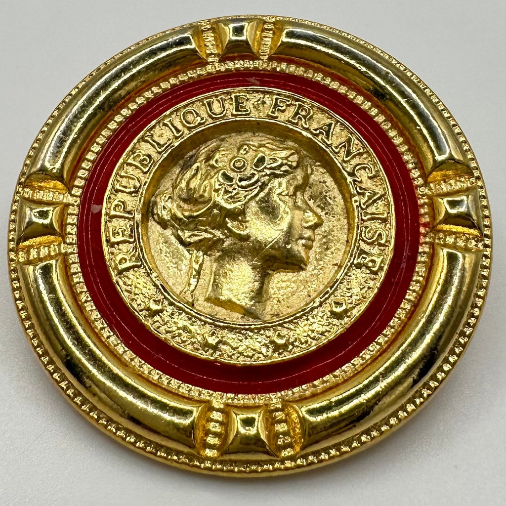 Vintage gold tone red enamel French Republic coin replica statement brooch