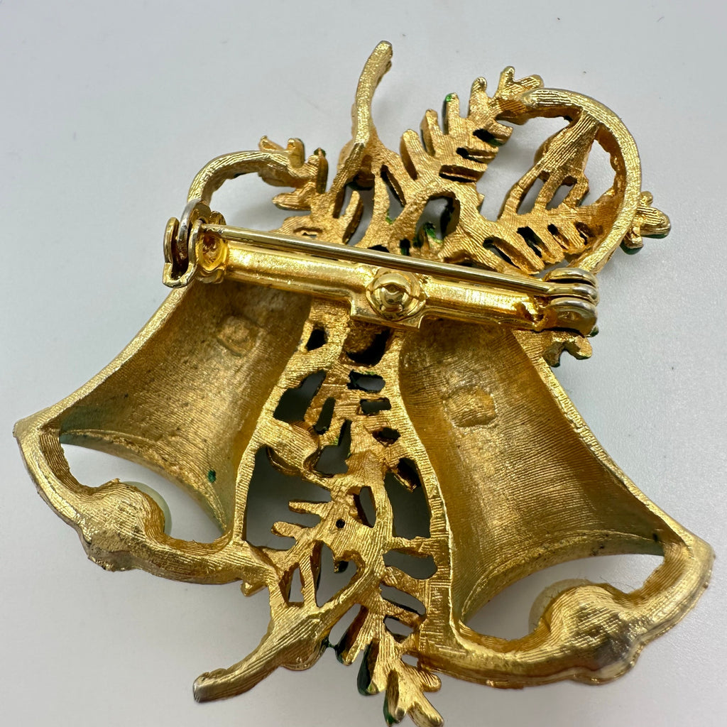 Vintage gold tone AB red rhinestones green enamel Christmas bells brooch