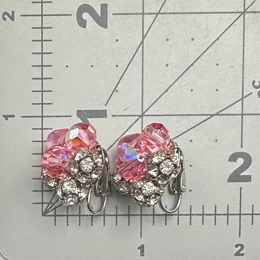 1950s vintage silver tone pink AB glass rhinestones beaded clip on earrings