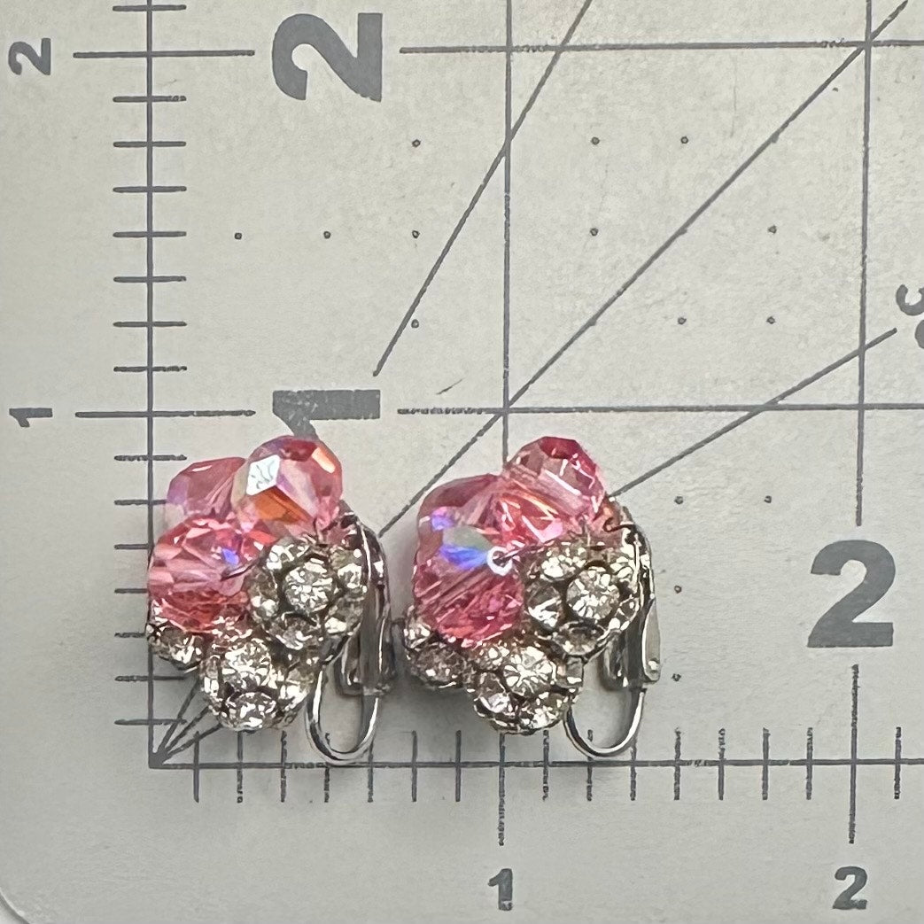 1950s vintage silver tone pink AB glass rhinestones beaded clip on earrings