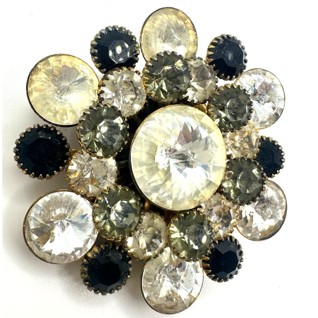 Vintage gold tone large clear rivolis smoky gray black rhinestones brooch
