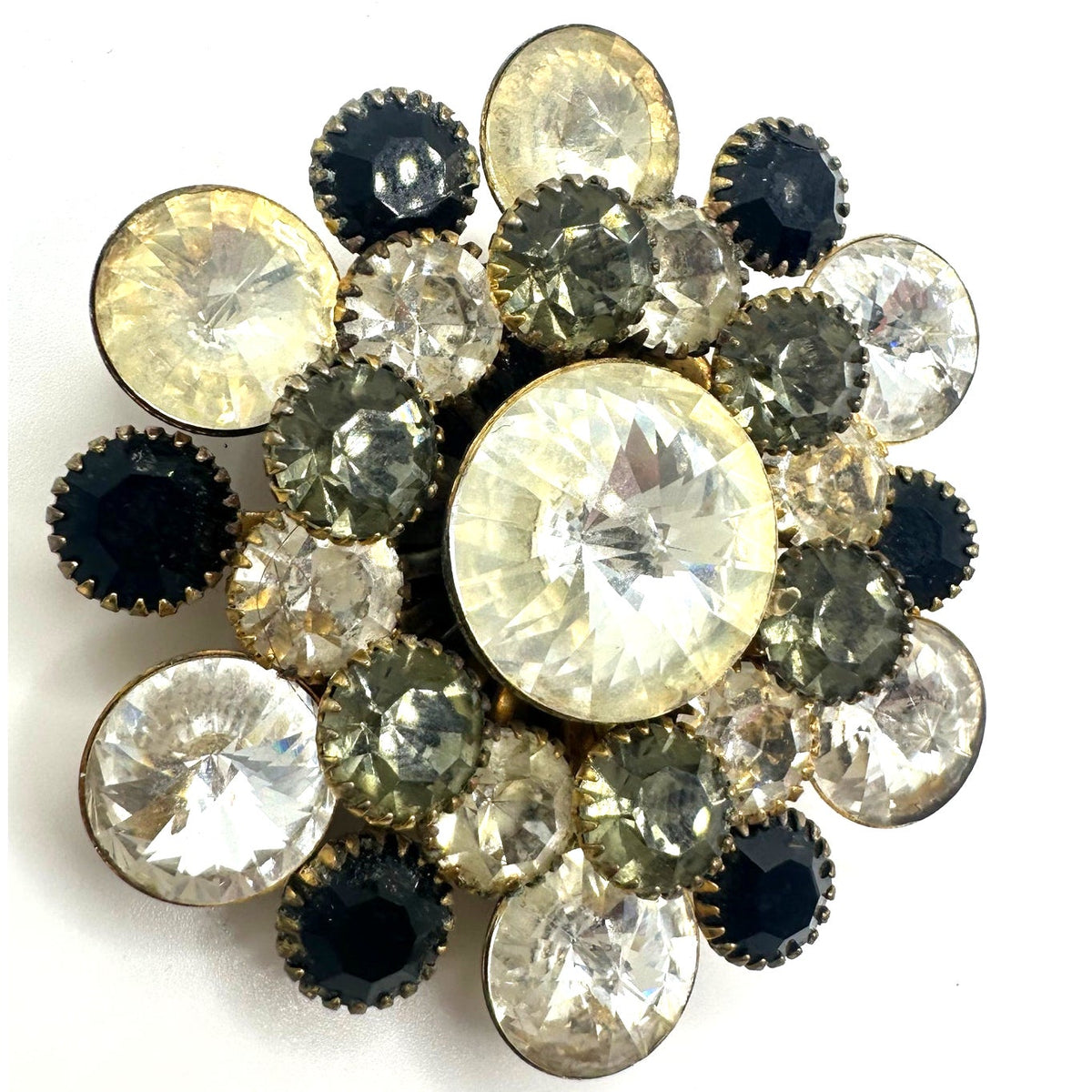 Vintage gold tone large clear rivolis smoky gray black rhinestones brooch