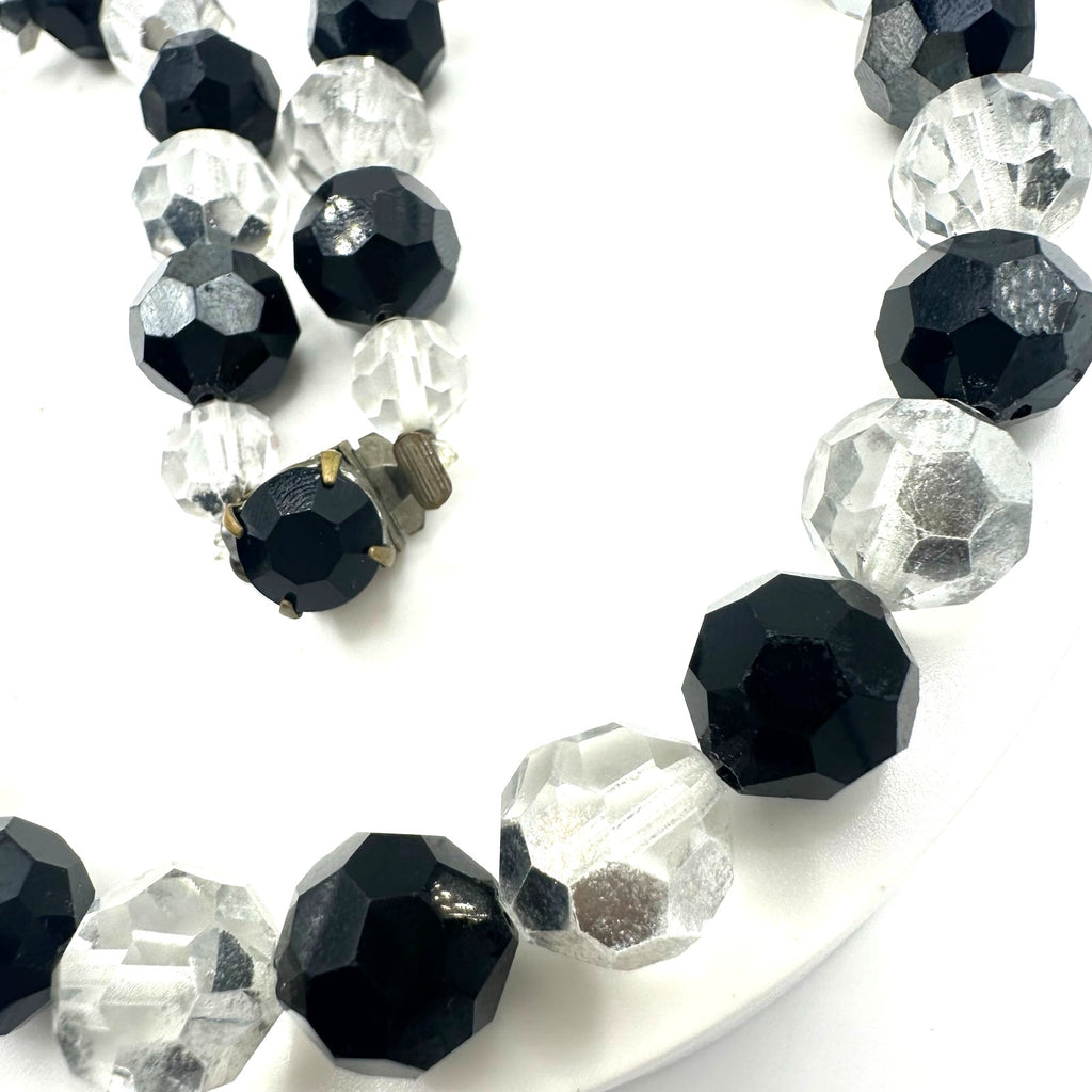 Vintage black silver comet argent clear faceted glass beads beaded 16" necklace