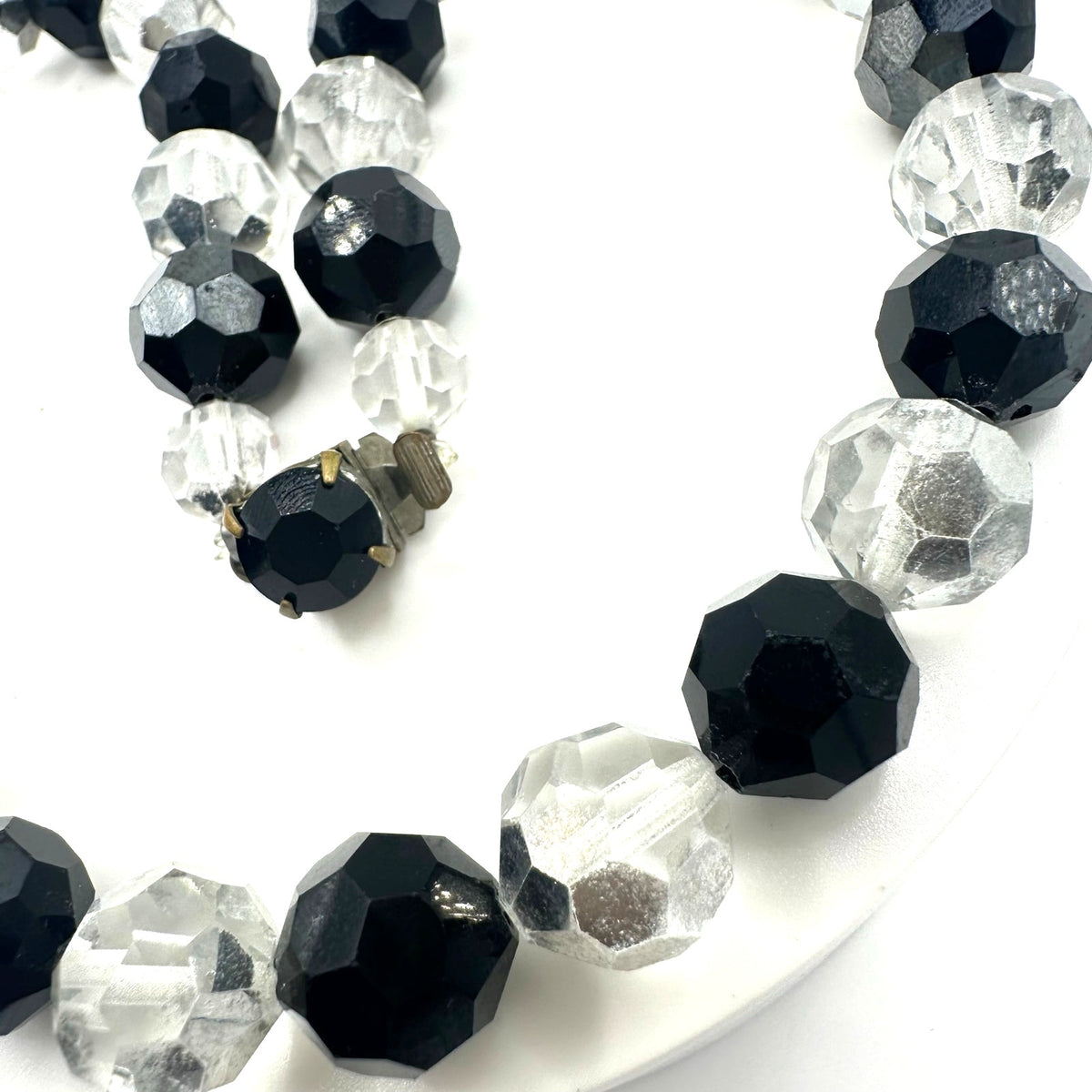 Vintage black silver comet argent clear faceted glass beads beaded 16" necklace