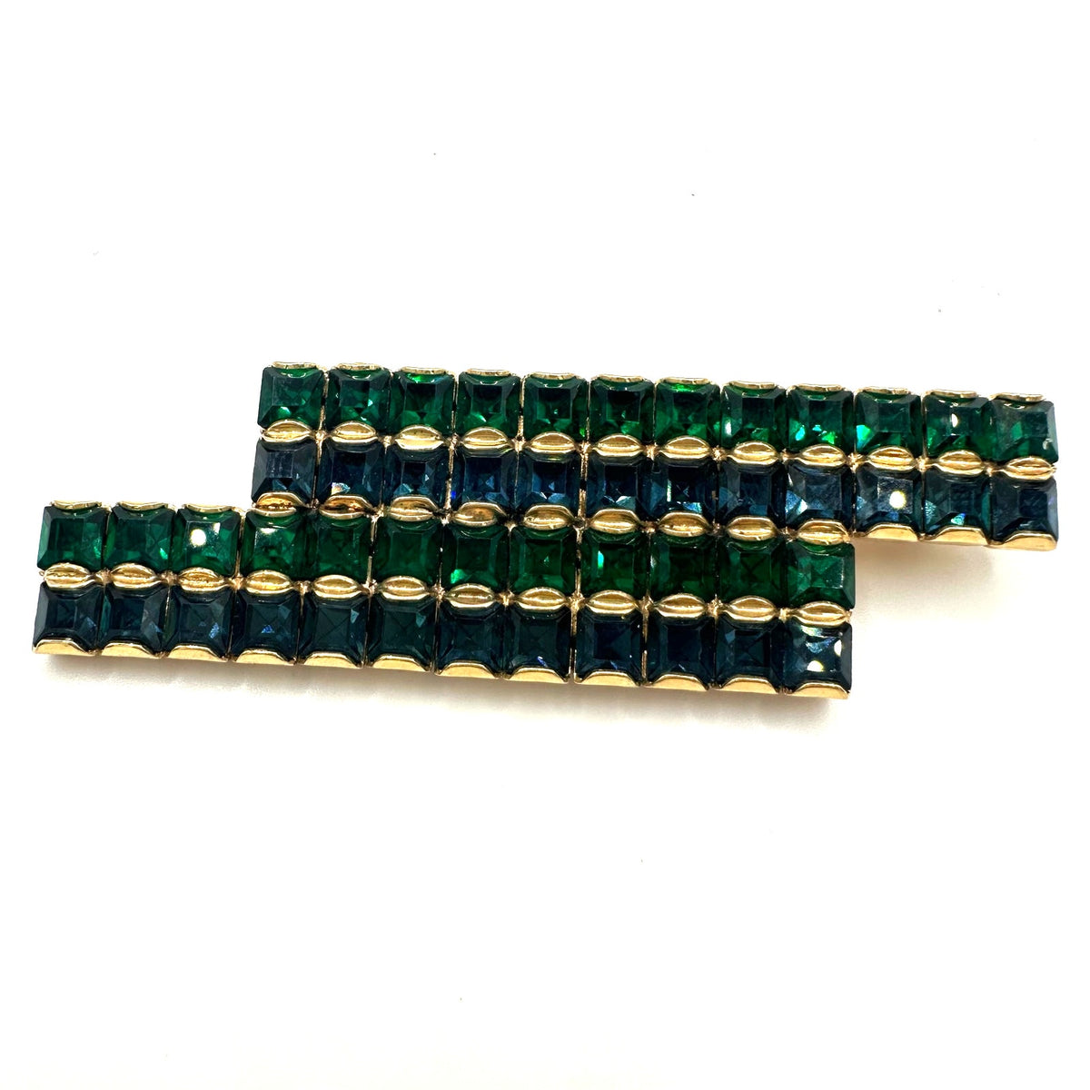 Vintage gold tone emerald green blue square rhinestones geometric bar brooch