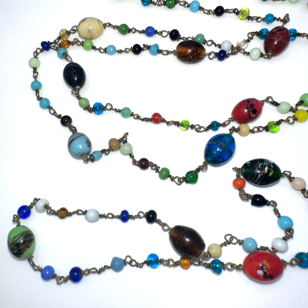 Antique Art Deco Czech art glass multicolor beads beaded brass 52" necklace