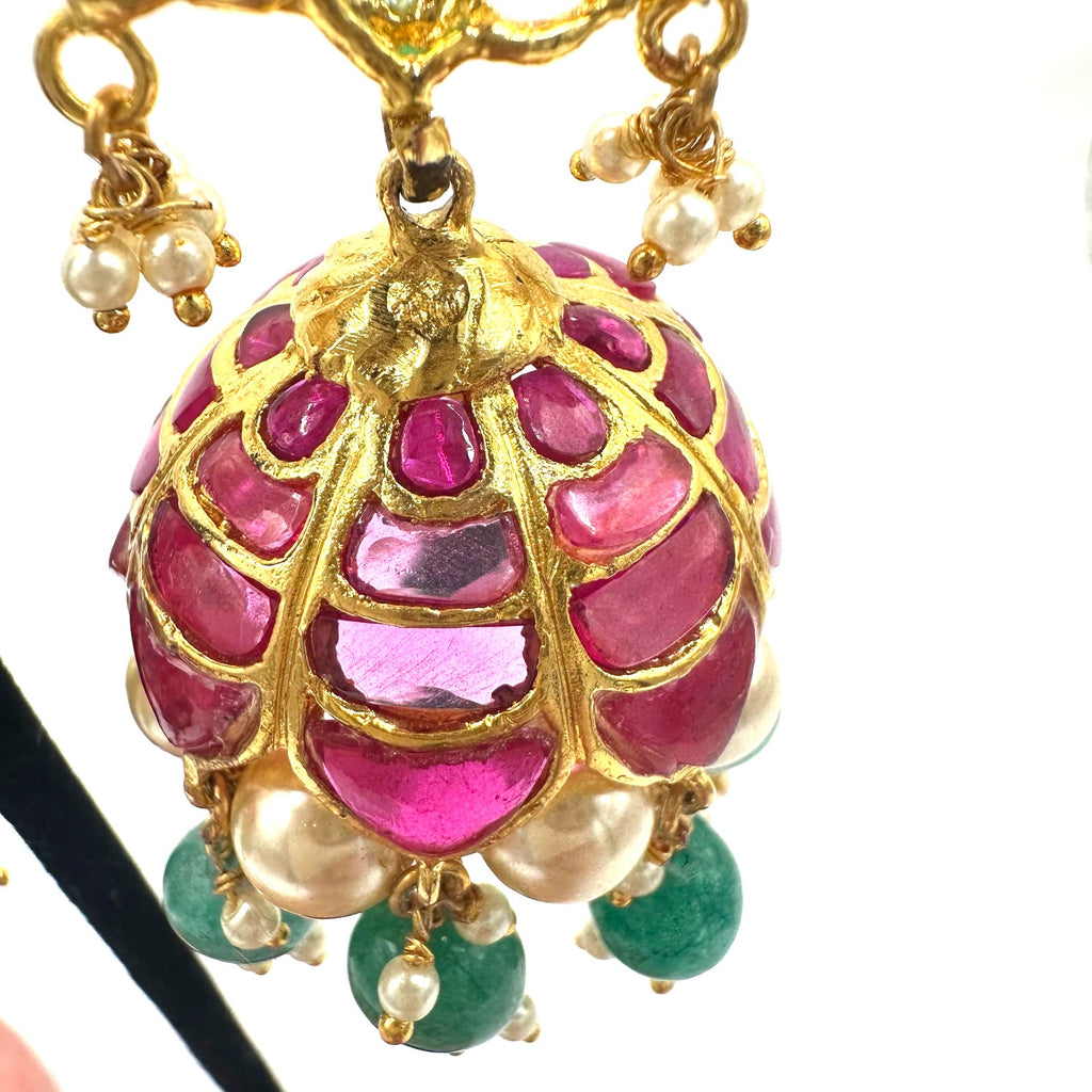 Indian Bridal gold plated real ruby green gems beaded pearls jhumka earrings