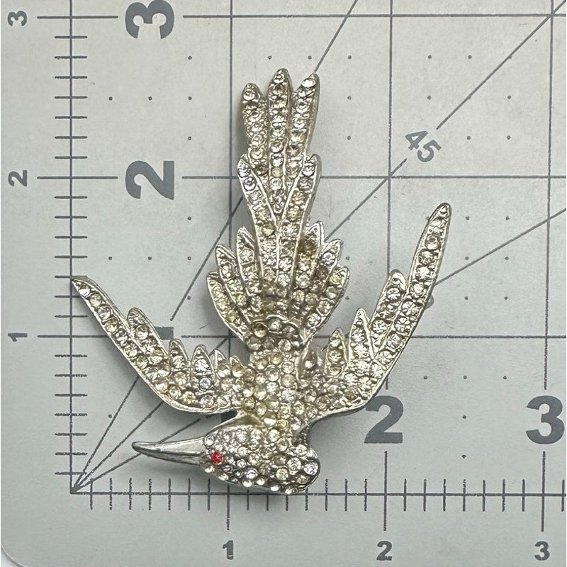 Antique Art Deco 1930s silver pot metal clear red rhinestones bird brooch