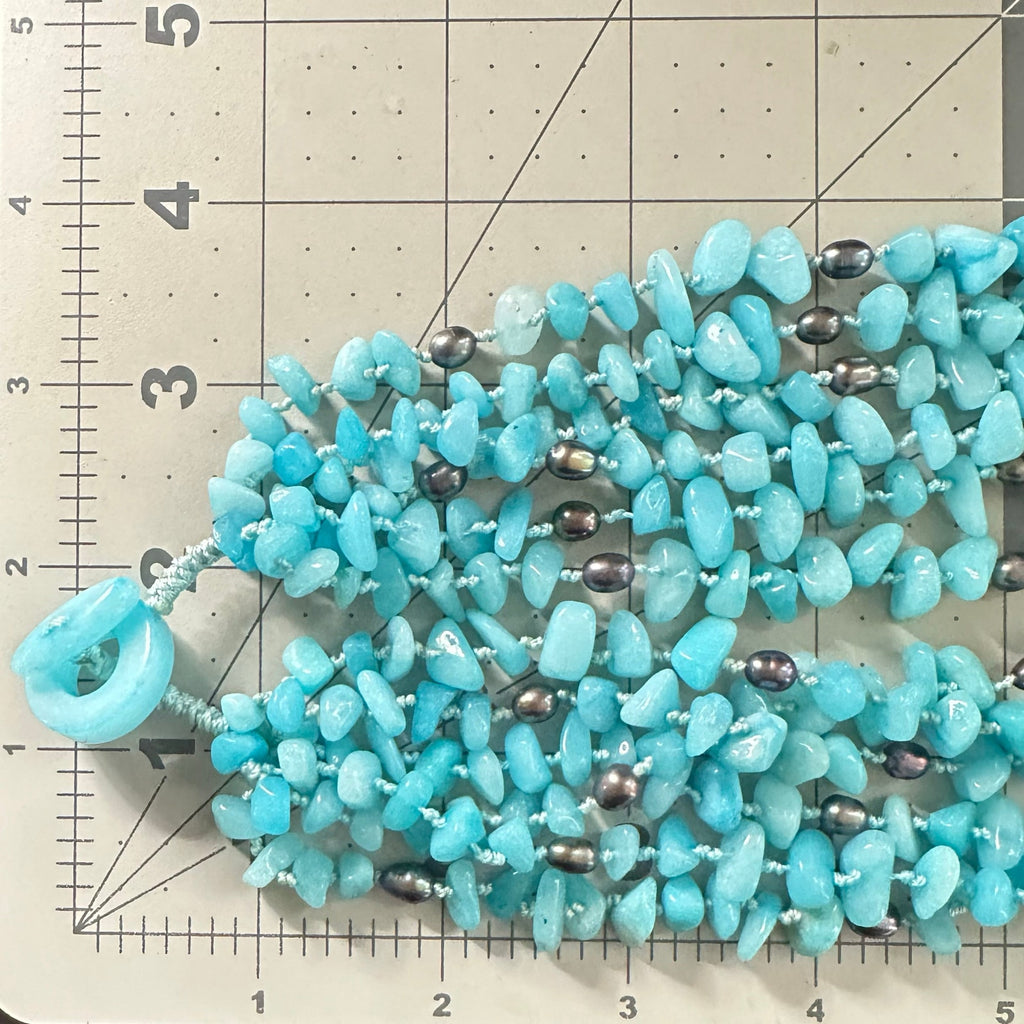 Handmade Caribbean blue quartz freshwater pearls 6 multi strand beaded necklace