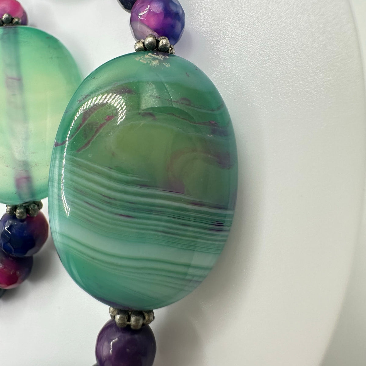 All semiprecious green pink purple dyed banded agate beads beaded necklace