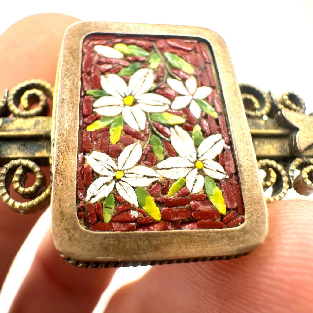 Antique Victorian 1880s micro mosaic gold filled Etruscan Revival bar pin brooch