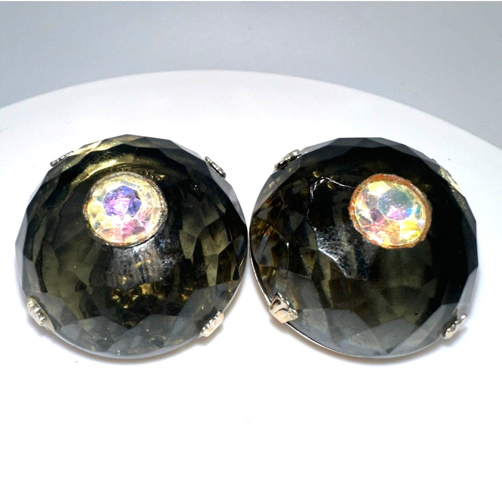 Vintage gold tone massive domed gray glass rhinestones AB clip on earrings