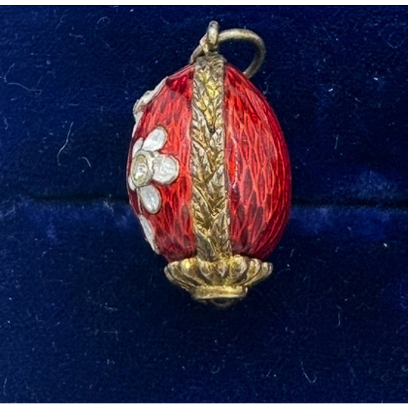Vintage gilt sterling silver red floral garnet enamel rhinestones egg pendant