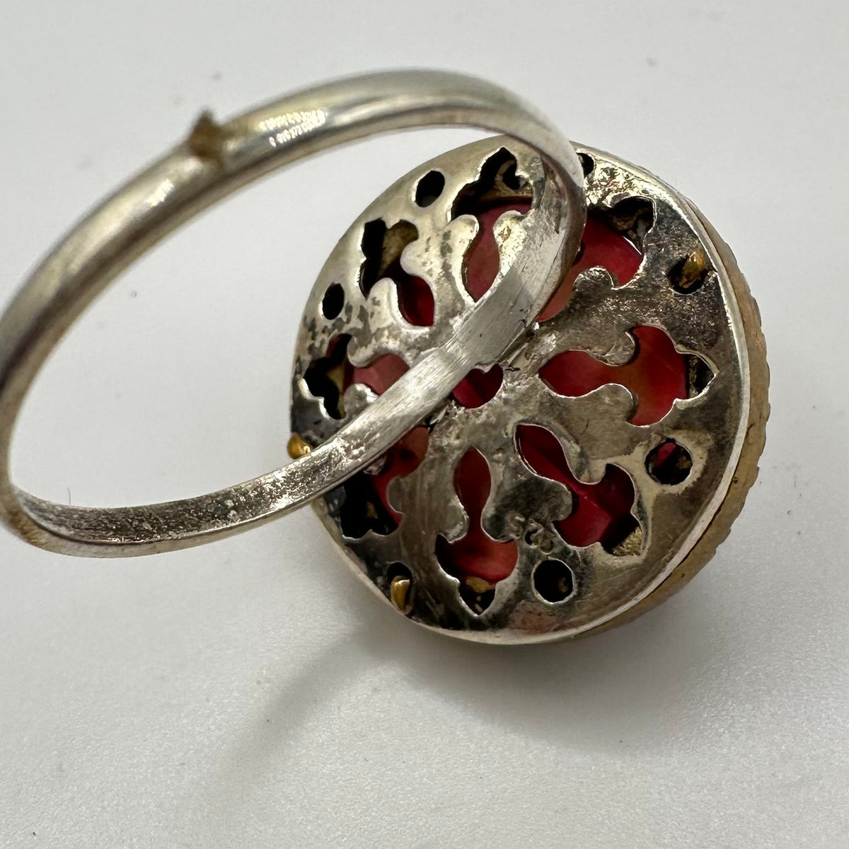 Vintage 925 sterling silver gold plated caged genuine red jasper CZ ring 8.5