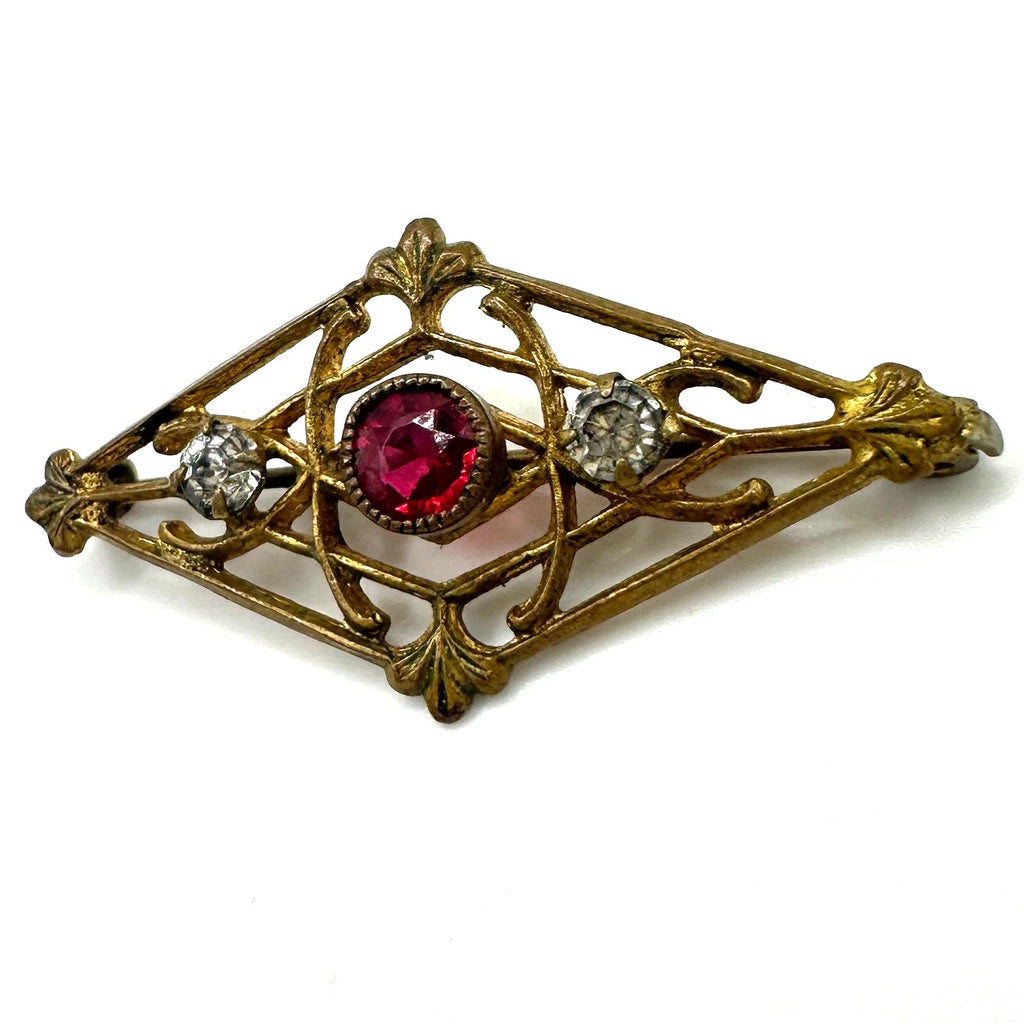 Antique Edwardian 1900s 1910s gold gilt red clear glass paste rhinestones brooch