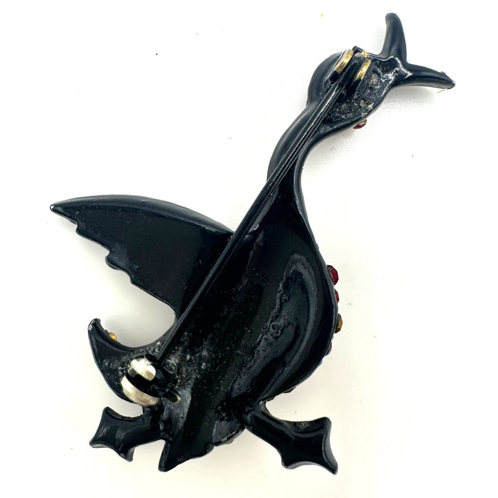 Vintage black gunmetal japanned red rhinestones duck bird figural brooch