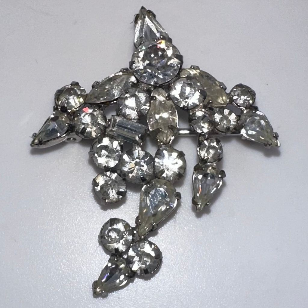 1940s 1950s vintage silver tone rhodium plated clear glass rhinestones brooch