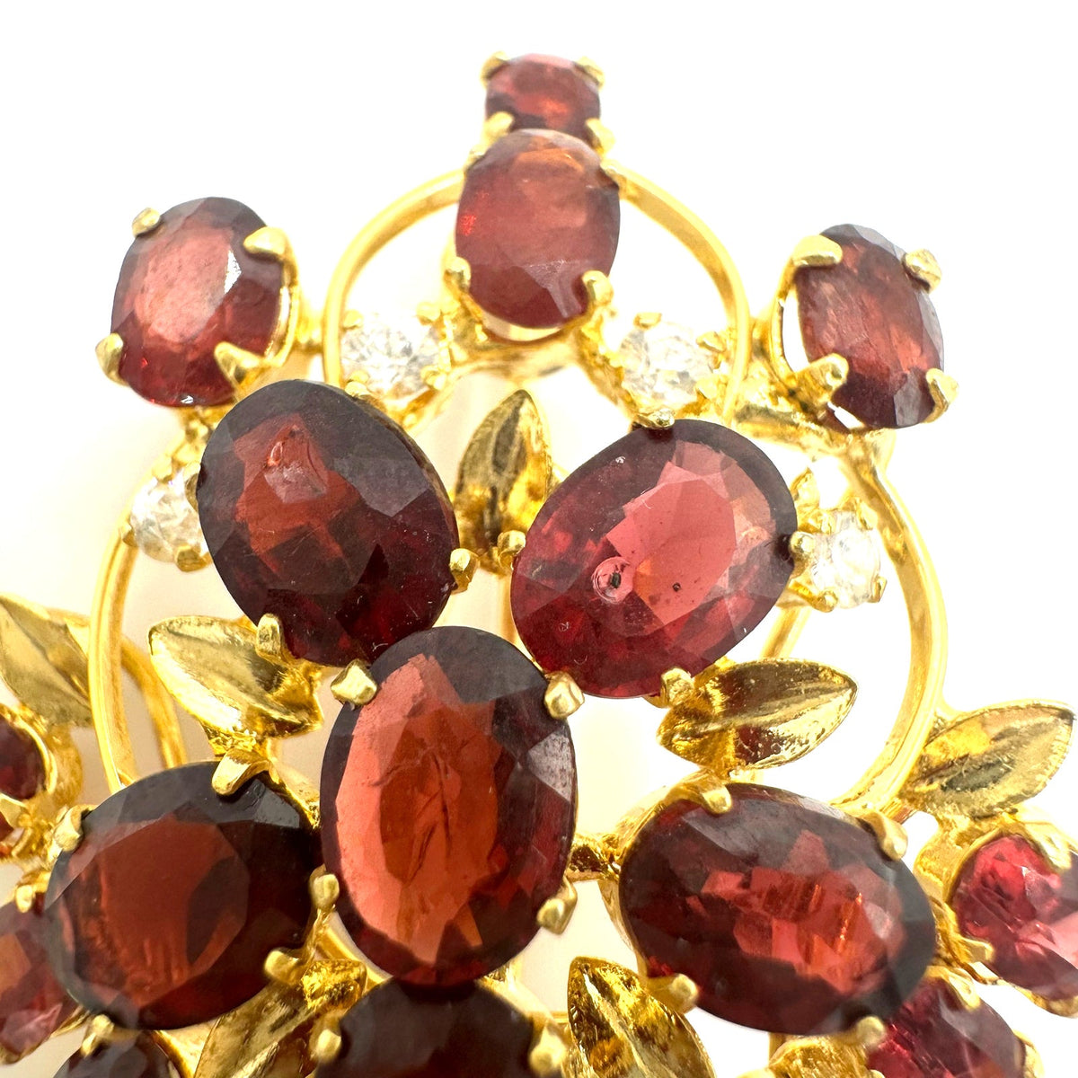 Gold plated real genuine red maroon garnets clear cubic zirconia CZ brooch