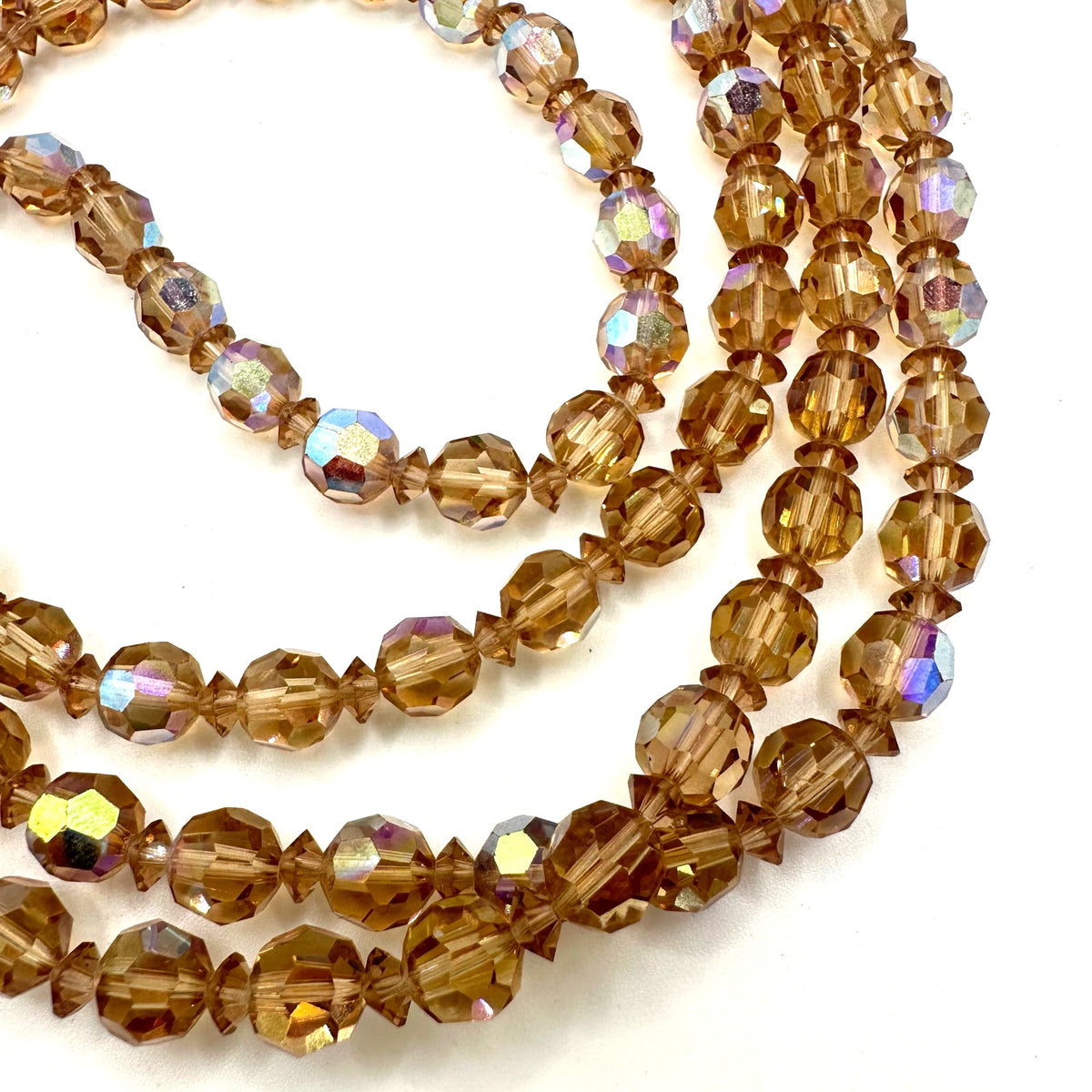 Vintage faux topaz faceted glass aurora borealis AB beads beaded 49” necklace