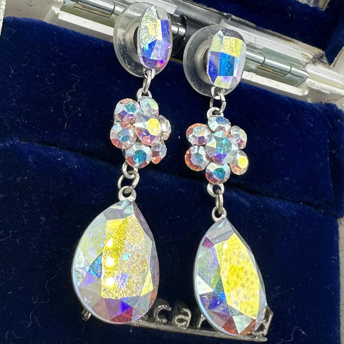 Vintage gold tone AB aurora borealis glass beads beaded cluster clip on earrings