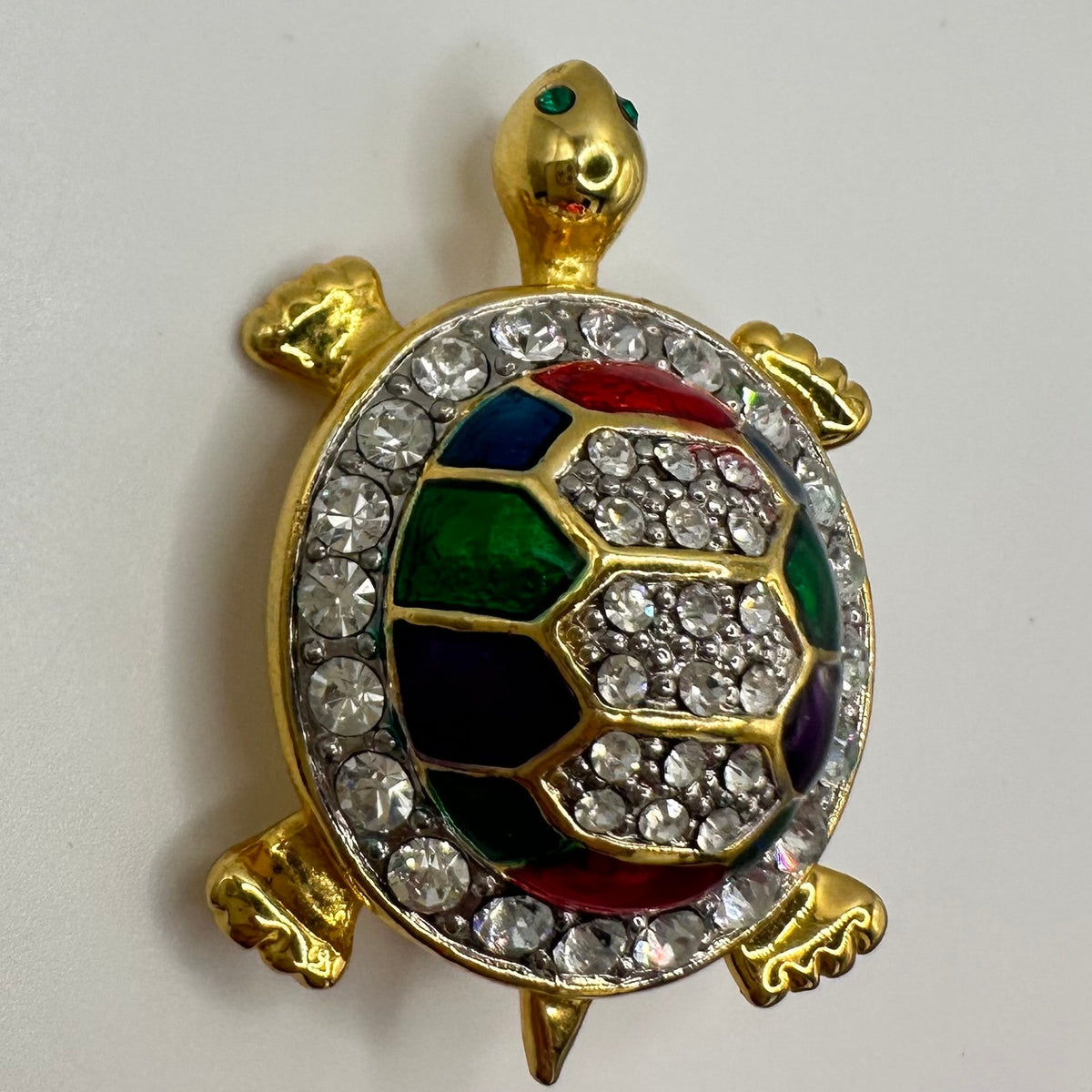 Vintage gold tone clear rhinestones multicolor enamel turtle figural brooch