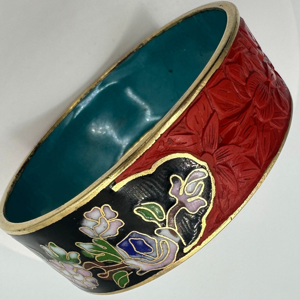 Vintage Chinese multicolor cloisonné enamel red carved cinnabar bangle bracelet