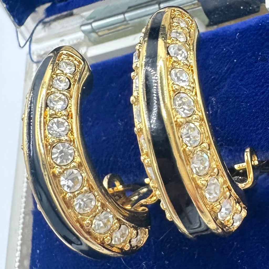 Swarovski Swan vintage gold plated crystals enamel half hoops clip on earrings