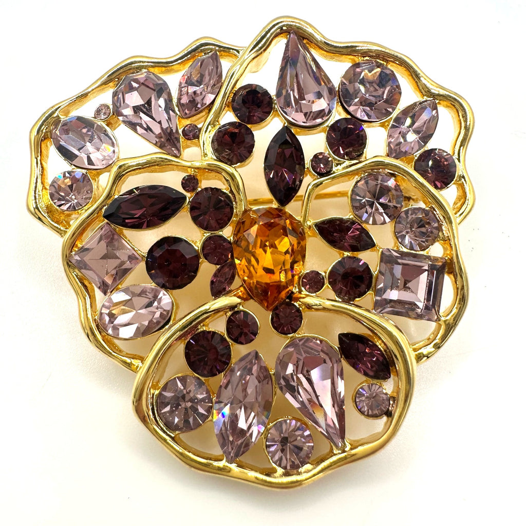 Nolan Miller vintage gold tone purple topaz rhinestones pansy flower brooch
