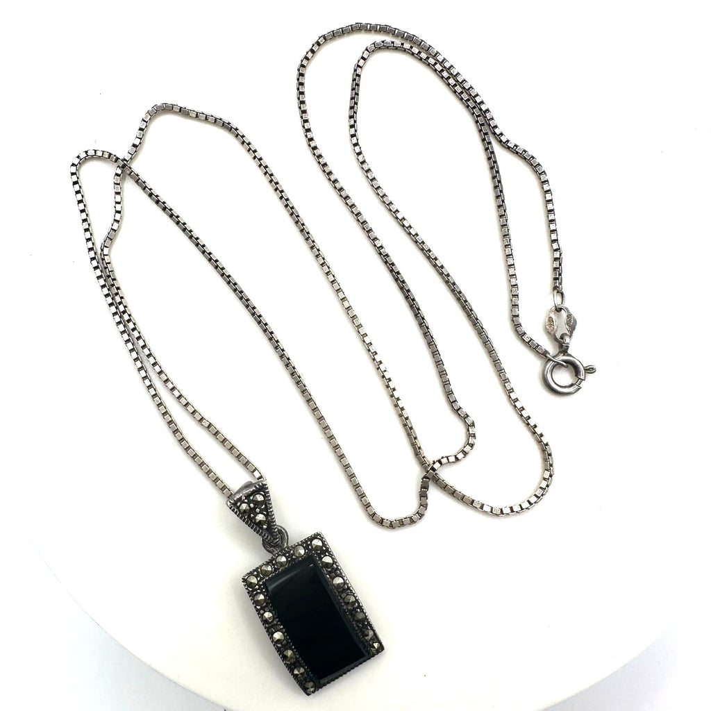 MD Thai 925 sterling silver black onyx marcasite pendant 24" box chain necklace