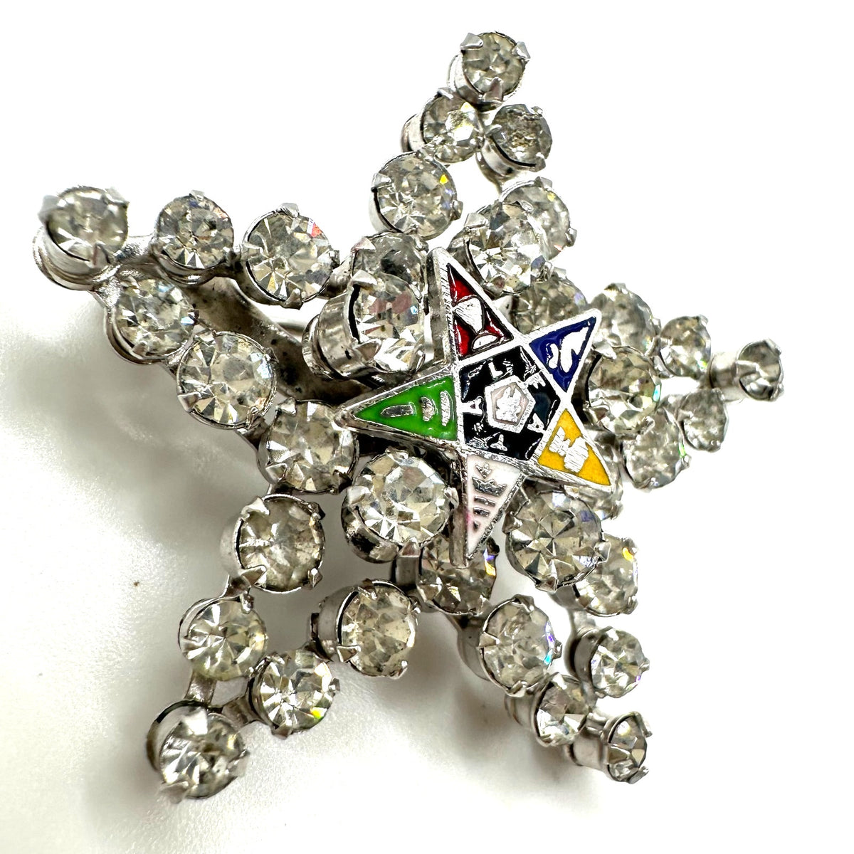 Order of the Eastern 5 point Star vintage silver tone rhinestones enamel brooch